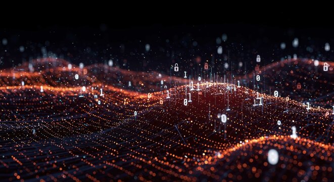 Abstract digital landscape with binary code and glowing lines on a dark background.