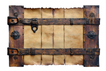 Old wooden door with metal hinges and latch isolated on transparent background. Aged parchment paper with rough torn edges showcasing a vintage isolated on white background.