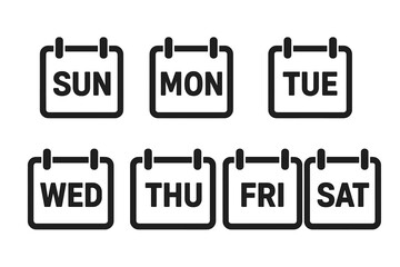 Calendar icons week days set, Sunday to Saturday symbols, vector illustration on transparent background, minimalist date markers, time planning graphic elements