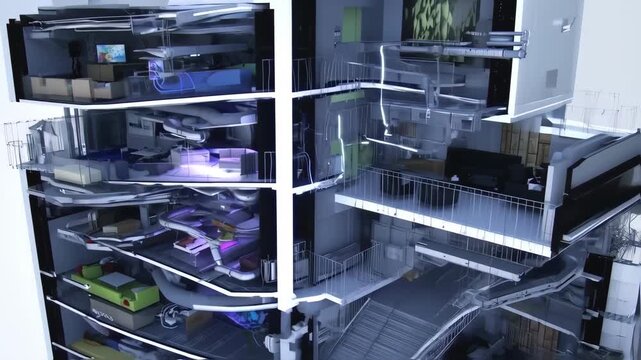 Detailed interior view of a futuristic, multi-level building.  Interconnected spaces with balconies and unique architectural elements