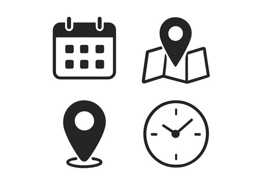 Schedule planning and time management vector icons set. Calendar, location marker, map pin, address, clock, date, appointment, event reminder, navigation, time tracking, travel, activity symbols.