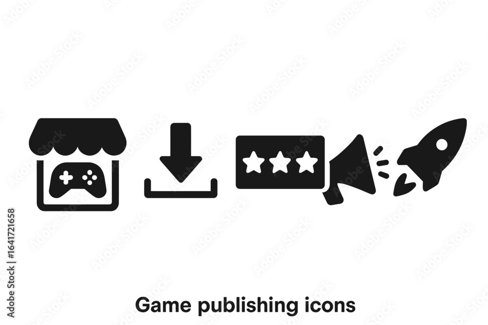 Poster game publishing icon set. solid glyph icons for video game launch process. includes storefront, down
