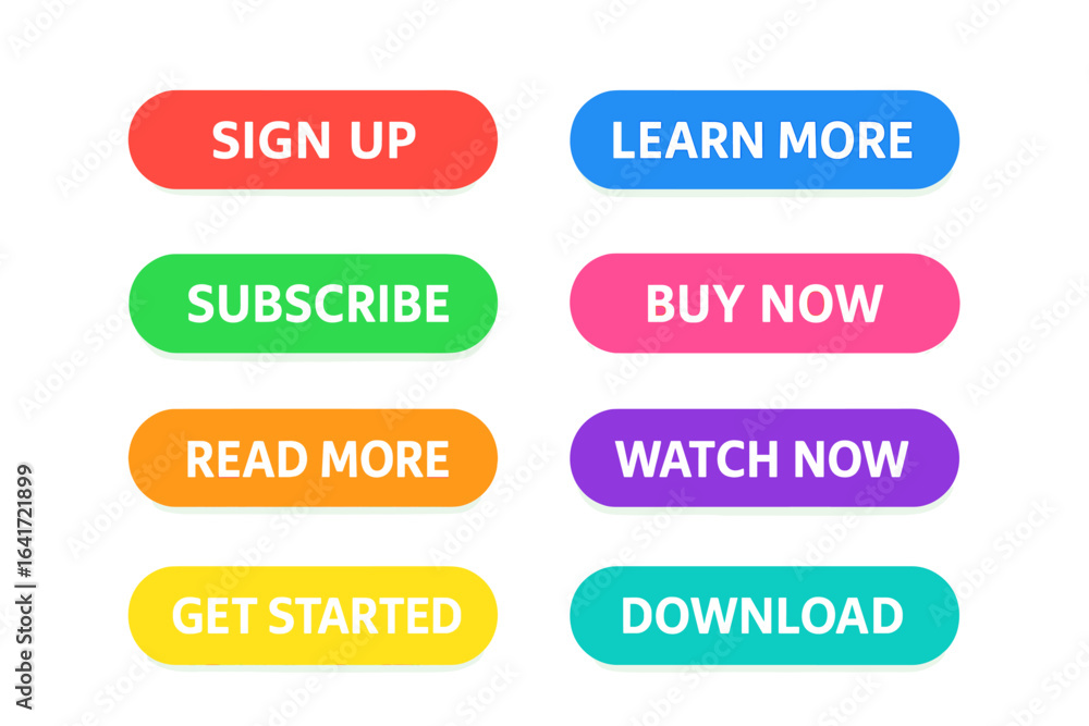 Leinwandbilder vibrant colorful call to action web buttons set. modern rounded vector ui elements for website banne