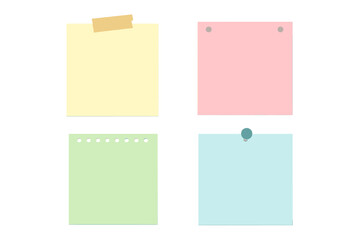 Colorful sticky notes set with tape, pin, punch holes. Blank paper squares, pastel stationery memo sheets, office reminders, pin board, school, planning, organization, isolated vector illustration