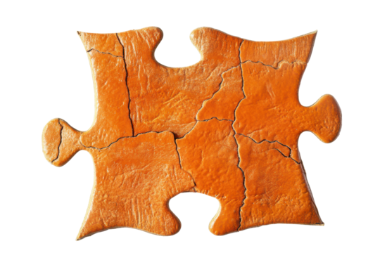 Orange textured puzzle piece isolated on transparent background. Orange textured puzzle piece with a rough surface isolated on white background.