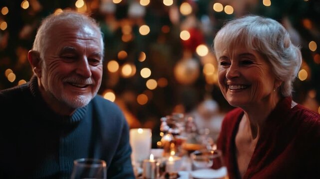 Elderly couple toasting with champagne glasses. The background features a beautifully decorated Christmas tree with warm lights.
 - Powered by Adobe