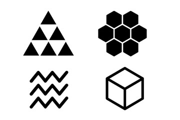 Geometric pattern icons set with solid filled triangles cluster, hexagonal grid, zigzag lines, and cube outline vector illustration on transparent background