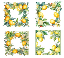 Set of frames with lemons, watercolor illustration
