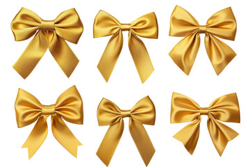 Collection of six golden satin bows isolated on transparent background. Beautiful golden ribbon bow perfect for gift wrapping and decoration isolated on white background.