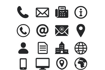Contact information icons set. Black business card vector symbols for phone, email, fax, location, info, user, address, web, document. Communication and social media graphic resources.