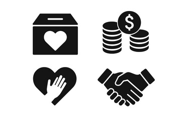 Fundraising Icon Set with Donation Box, Coin Stack, Charity Heart, Handshake Symbols, Solid Filled Vector Illustration for Charity, Donation, Support, and Community