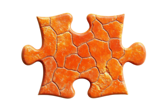 Orange textured puzzle piece isolated on transparent background. Orange textured puzzle piece with a rough surface isolated on white background.