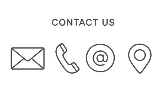 Contact us icons set in modern line style, vector illustration on white. Email envelope, phone handset, location pin, and at sign symbols for business communication and support web, isolated.