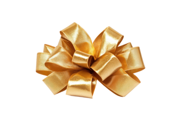 Shiny gold gift bow isolated on transparent background. Beautiful golden ribbon bow perfect for gift wrapping and decoration isolated on white background.