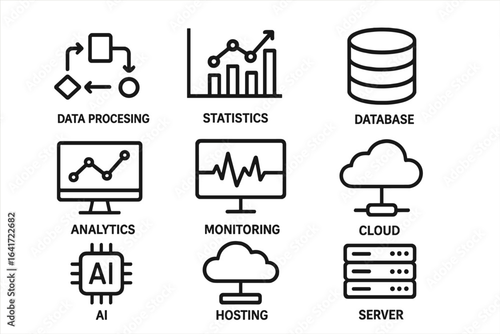 Aufkleber data analytics and computing technology icons. data processing, statistics, database, server, ai chi
