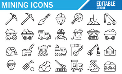Collection of editable mining-related icons for tools, workers, and equipment.