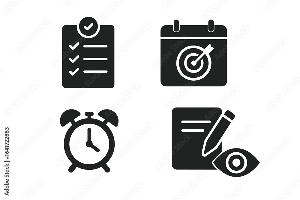 Poster goal setting icons solid filled vector set including checklist, calendar with target, alarm clock, p