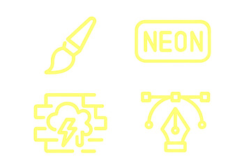 Glowing art icons set, solid filled neon paintbrush, bright neon sign, glowing graffiti symbol, vibrant vector illustration on transparent background, glowing design elements