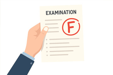 Student Hand Holding Failed Exam Paper. Examination Sheet With Red F Grade. Academic Failure. School Test Assessment. Report Card. Education Mistake Concept. Stress, Anxiety, Low Score, Study Problem.