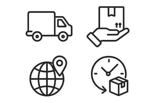 Delivery logistics vector icon set. Courier truck, parcel handover, global shipping, express package, tracking, transportation, fast shipping, international delivery. Modern line style for web, apps.