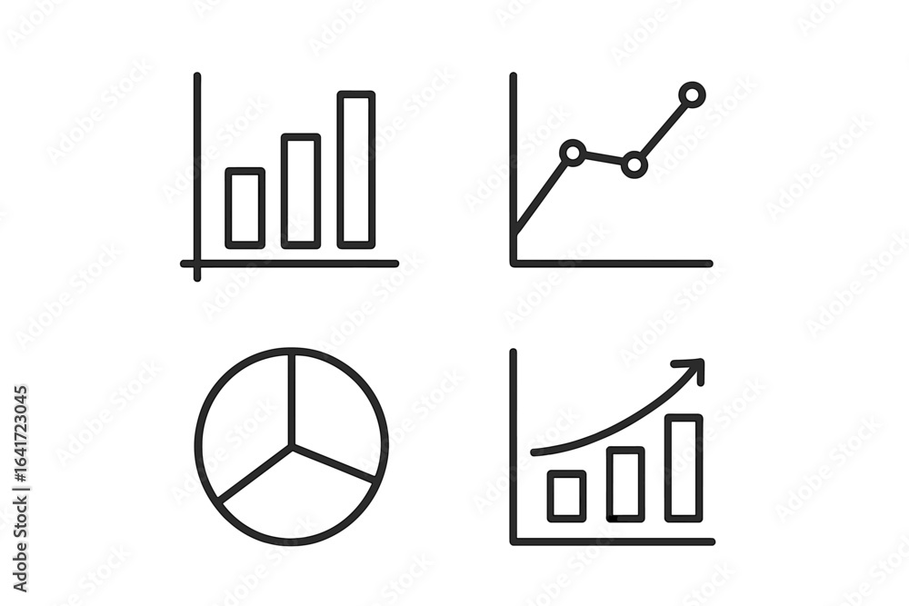 Poster set of 4 business and data visualization icons, line style graphs and charts, bar chart, line graph,