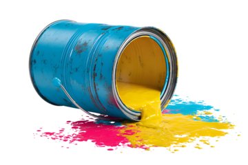 Blue paint can spilling yellow and pink paint isolated on transparent background