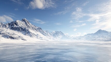 Obraz premium The majestic winter landscape featuring snow-covered mountains and a tranquil lake.