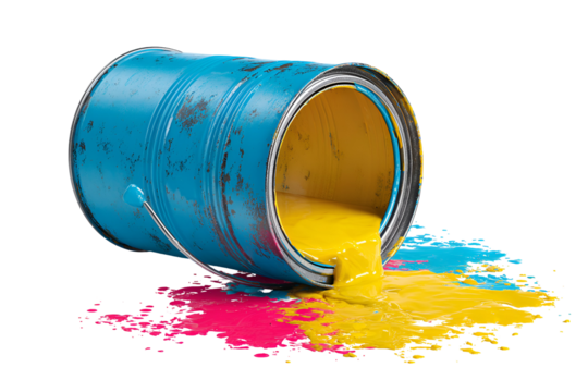 Blue paint can spilling yellow and pink paint isolated on transparent background