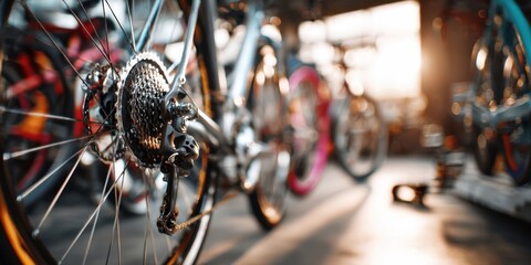 The bicycle gears glistening in a sunlit indoor shop setting.