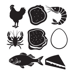Vector art of assortment of food item silhouettes including chicken, shrimp, fish, crab, egg, bread, and cake, isolated on white background