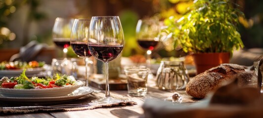 The beautiful table setting with wine glasses and fresh salad in natural light.