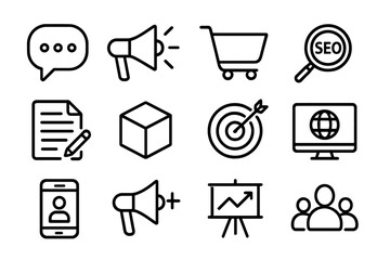 Marketing and communication vector icons for web, app, and digital platforms. Advertising, ecommerce, SEO, content creation, product, target audience, website, social media, analytics, teamwork