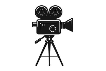 Obraz premium Vintage film camera cinematography icon. Retro movie production studio equipment. Classic filmmaking video recorder with tripod. Old style camera device for video shoot. Creative filmmaking concept.