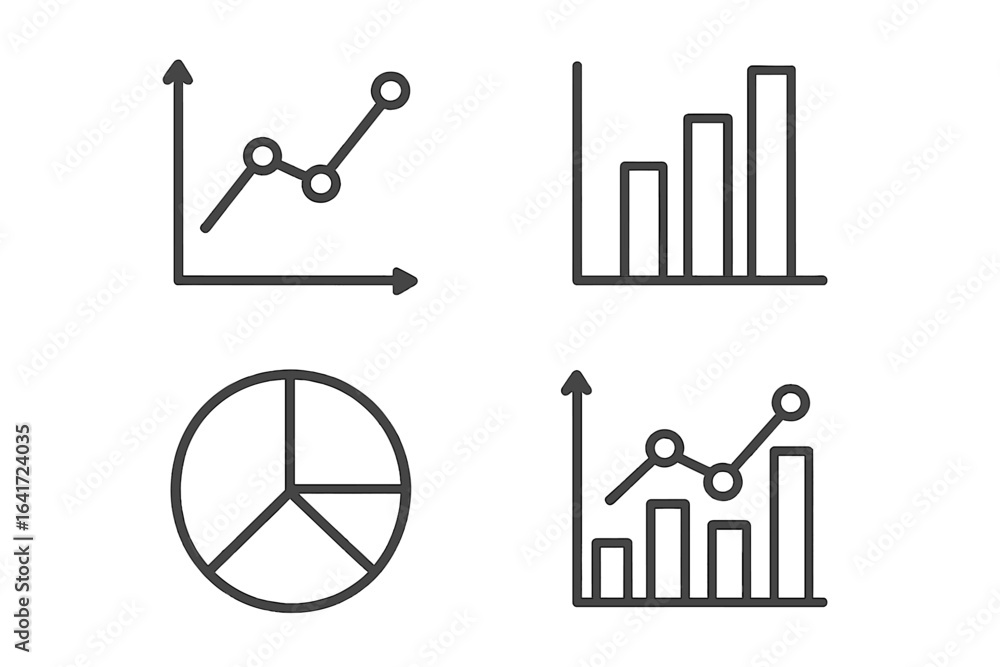 Aufkleber set of 4 graph icons in clean line style, vector illustration showing pie chart, bar graph, line cha