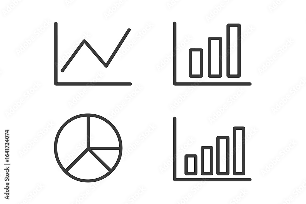Aufkleber line chart, bar graph, pie chart, and column chart icons set. minimalist web infographic symbols. bl