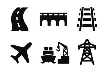 Infrastructure icon set. Solid glyph collection of transport, logistics, and energy symbols. Road, bridge, railway, airport, seaport, and electricity pylon icons.