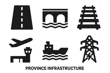 Infrastructure solid glyph icon set. Province development symbols for transport, logistics, and energy. Vector collection of road, bridge, railway, airport, seaport, and power.