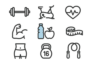 Gym and fitness icons set for web and mobile apps, illustrating healthy lifestyle, exercise, diet, nutrition, weight training, body care, workout, hydration, and cardio health, vector transparent