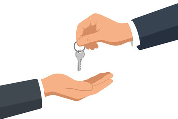 Businessman in suit handing house keys to customer, mortgage and credit concept, property sale and rent, buying house and apartment real estate transaction, home ownership
