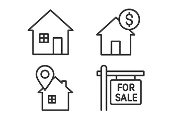 Set of 4 Real Estate Line Icons for Web and Mobile, Houses with Location Pin, Price Tag, and For Sale Sign, Transparent Background, Property Market and Housing Concept Vector