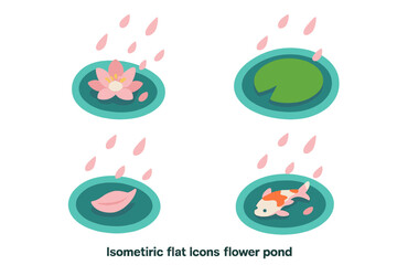 Isometric Flower Pond Icons Set, Flat Design Vector Illustrations of Lotus Flower, Lotus Leaf, Falling Petals, and Koi Fish Over Water Surface