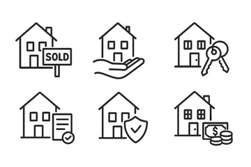 Fototapeta premium Real estate vector icons set for web and mobile. House sale, property rental, insurance, home loan, mortgage, sold home, keys, payment and document approval. Real estate transaction concepts.