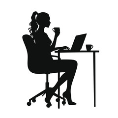 Woman silhouette working on laptop at desk with coffee 2