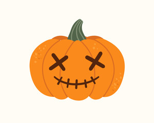 Cartoon Pumpkin Illustration with Stitched Smile and Crossed Eyes for Halloween