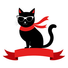 Black cat silhouette vector with red ribbon around its neck