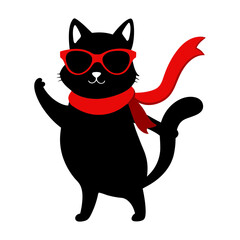 Black cat silhouette vector with red ribbon around its neck