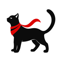 Black cat silhouette vector with red ribbon around its neck