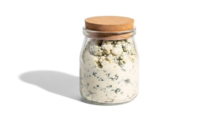 Delicious creamy blue cheese in a jar with cork lid a gourmet dairy delight isolated on a clean white background ready to be enjoyed