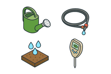 Irrigation tools isometric icon set. Garden equipment vector collection. Watering can, drip irrigation tube, soil moisture meter, and water drops on dirt flat icons.