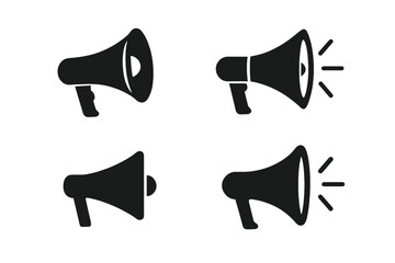 Loudspeaker and Megaphone Vector Icons Set, Advertising Concept, Announcement Symbols, Communication Devices, Marketing Tools, Sound Amplifier Graphics, Black Silhouettes on Transparent Background